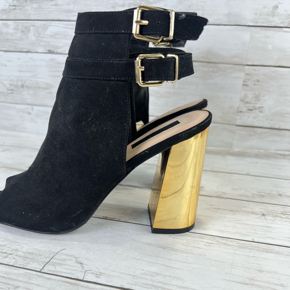 Forever 21 Black Peep Toe Booties with Block Gold Heel Buckle Double Straps 8 - Picture 3 of 14